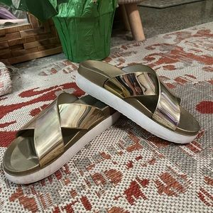 Gold & White Reflective Akira Platform Sandals